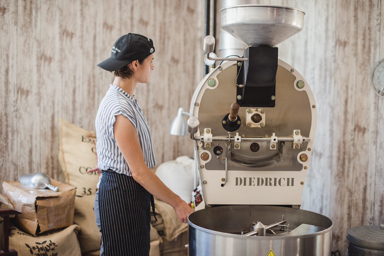 Red Arrow Roasters roasting coffee on a Diedrich Roaster